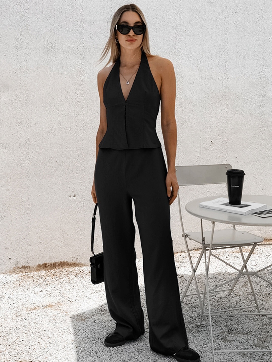

KPOP Halter Neck Top With Trousers, Black