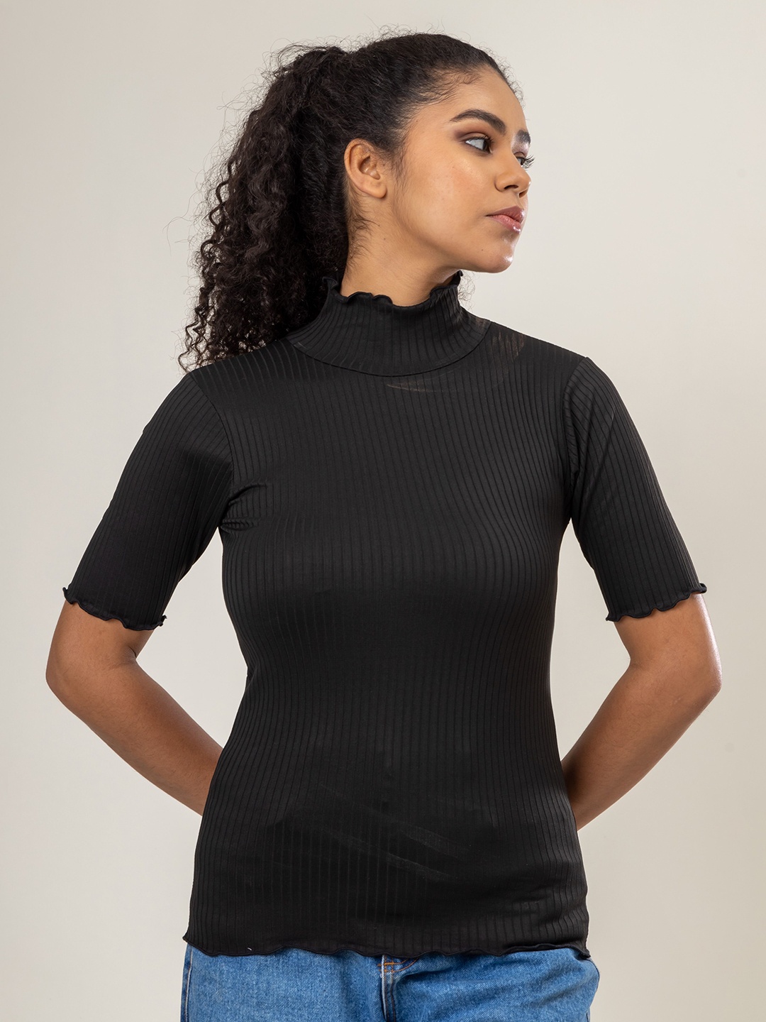 

Redamancii Women Solid High Neck Polycotton Top, Black