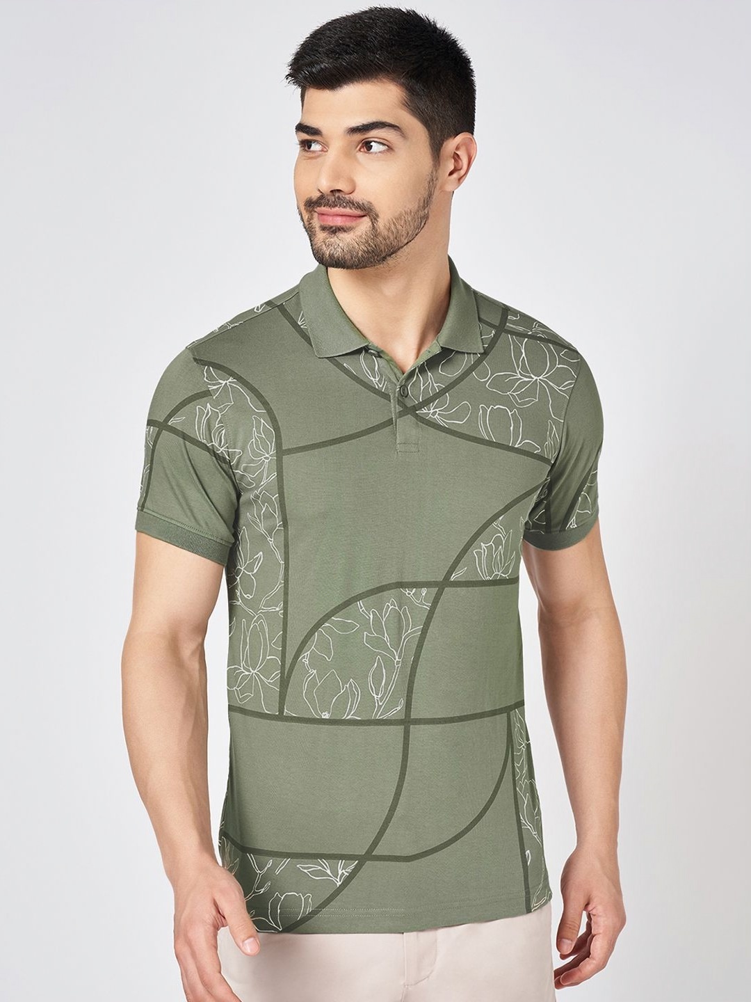 

BYFORD by Pantaloons Men Geometric Printed Polo Collar Cotton Slim Fit T-shirt, Green