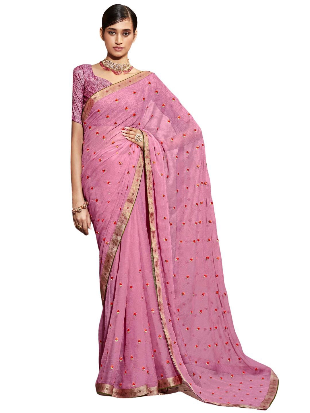 

CHUDIYA Floral Embroidered Zari Pure Chiffon Saree, Pink