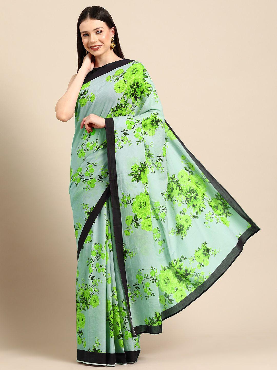 

BUTA BUTI Floral Printed Pure Cotton Saree, Green