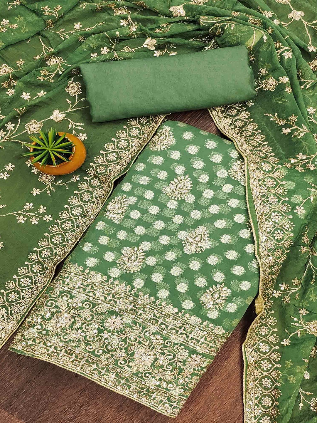 

Peachmode Floral Embroidered Sequinned Silk Georgette Unstitched Dress Material, Green