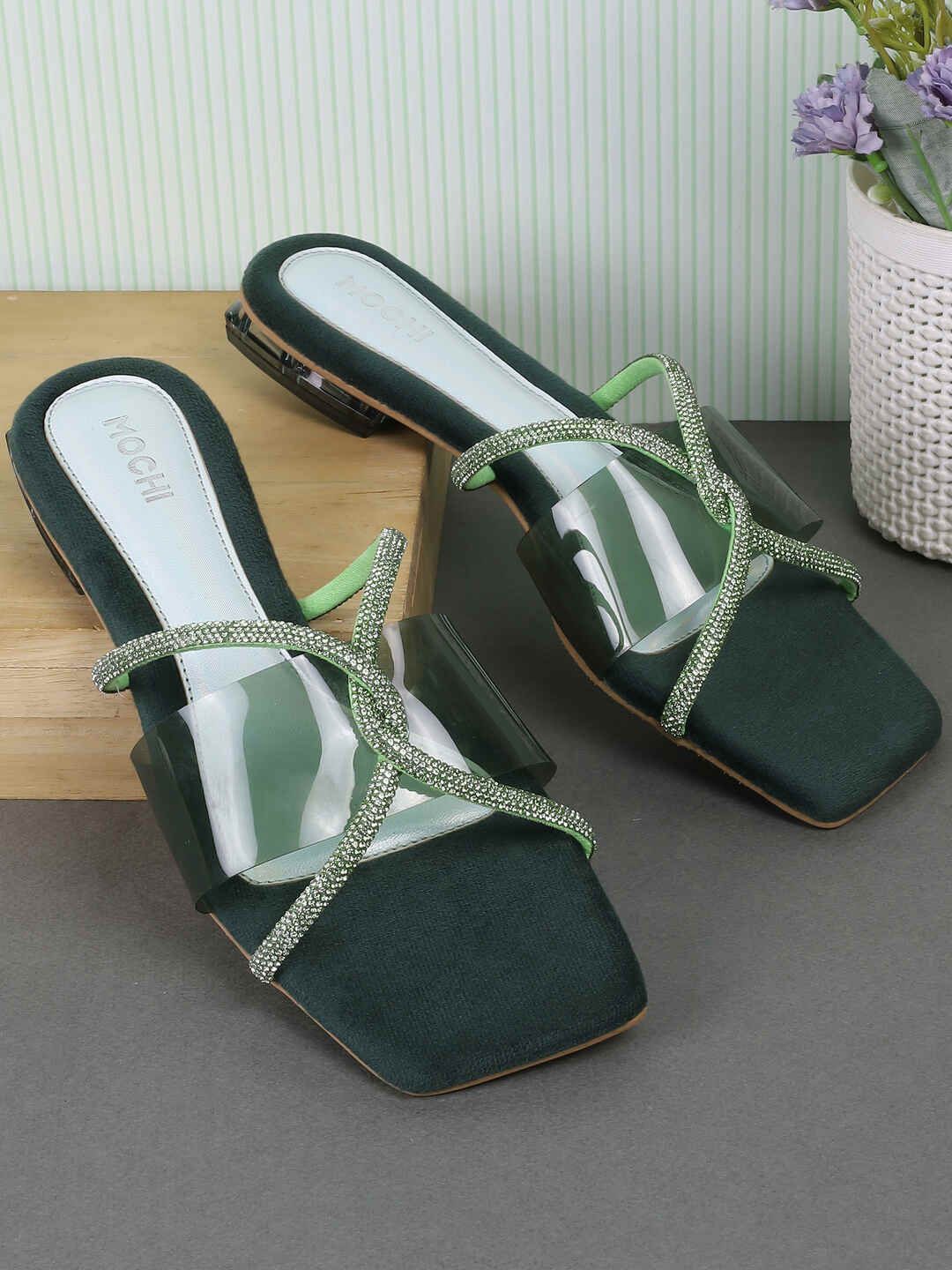 

Mochi Women Western - Embellished Open Toe Flats, Green