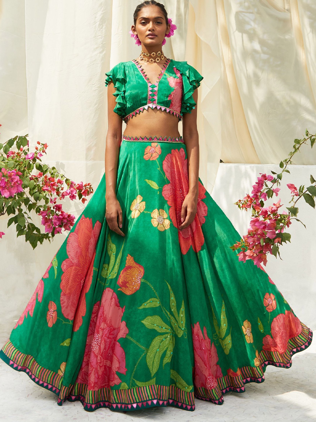 

Basil leaf Printed Made to Measure Lehenga & Blouse With Dupatta, Green