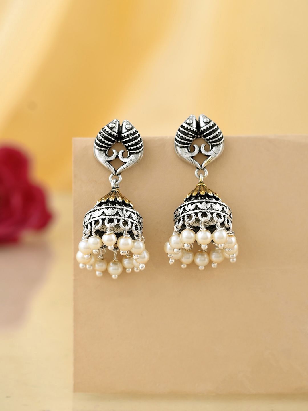 

Voylla Silver-Plated Beaded Dome Shaped Qasbah Mahi Oxidised Two Tone Jhumkas