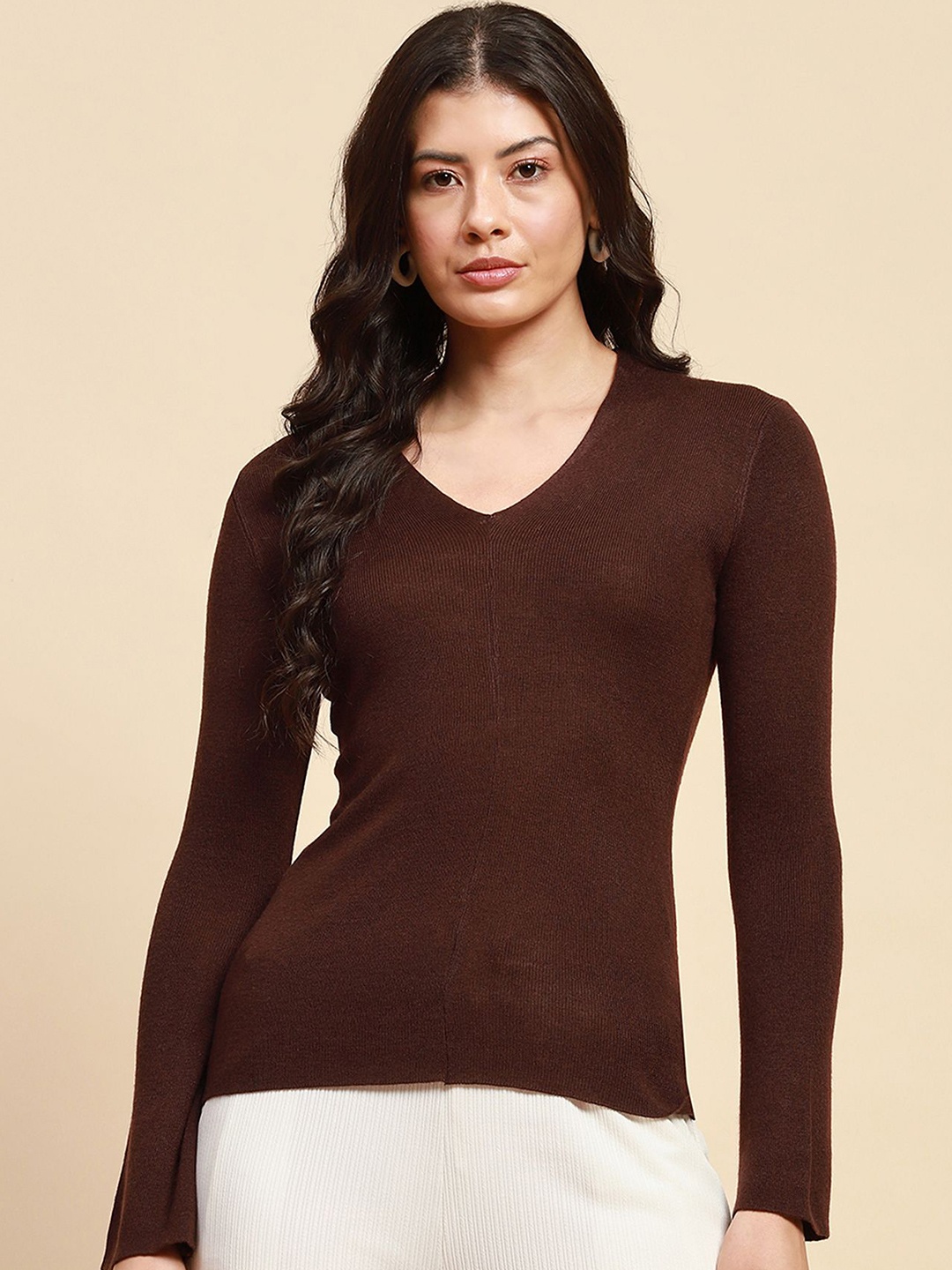 

Global Republic Women Solid V-Neck Top, Brown