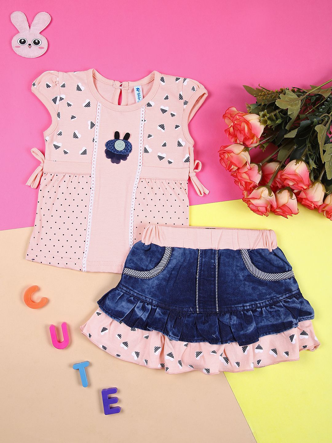 

V-Mart Girls Printed Round Neck Top With Skirt, Peach