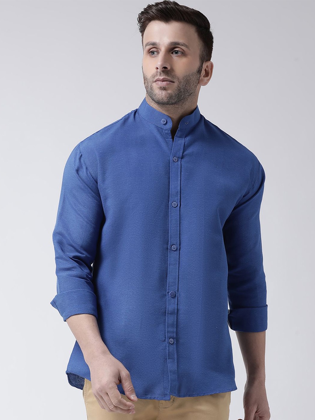 

KLOSET BY RIAG Men Band Collar Solid Cotton Casual Shirt, Navy blue