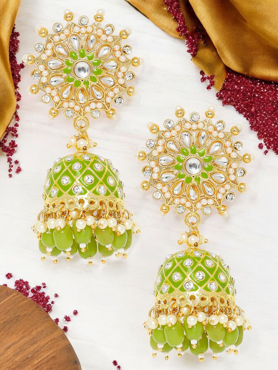 

OOMPH Kundan Studded Dome Shaped Meenakari Jhumkas, Green