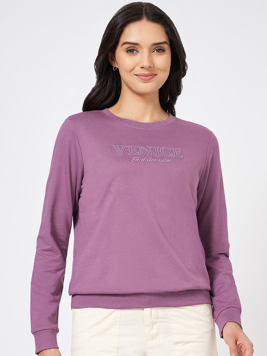 

Honey by Pantaloons Women Typography Printed Round Neck Cotton Pullover Sweatshirt, Purple