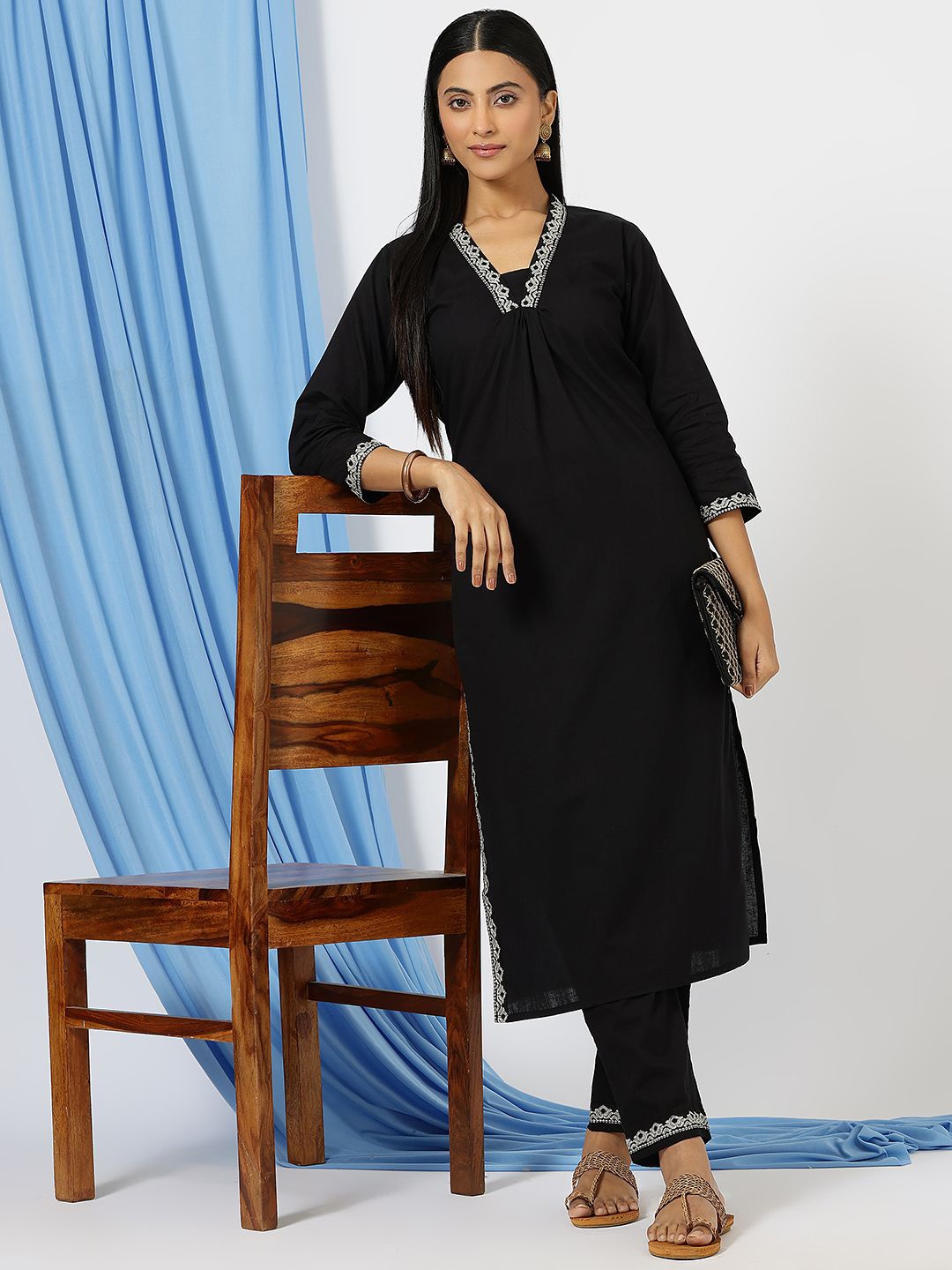 

Anushil V-Neck Embroidered Regular Cotton Blend Straight Kurta With Trouser, Black