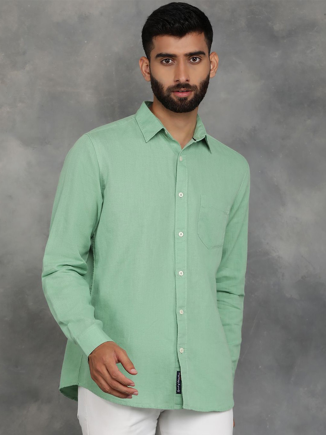 

JADE BLUE Men Spread Collar Solid Cotton Linen Slim Fit Casual Shirt, Green