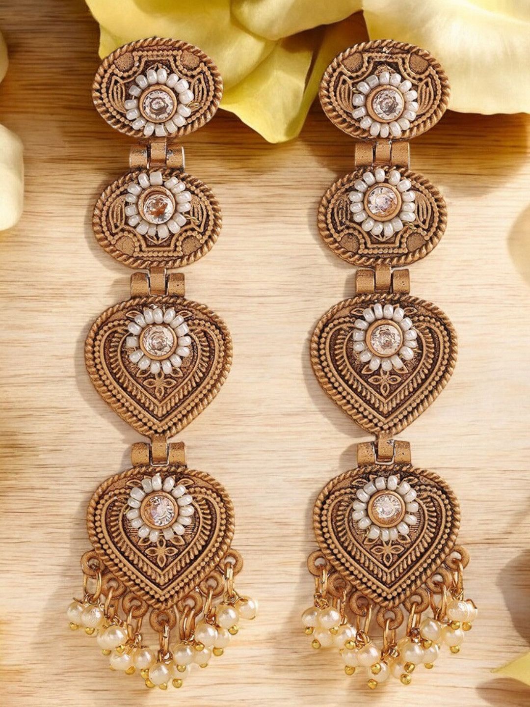 

OOMPH Kundan Studded Jadau Floral Drop Earrings, Gold