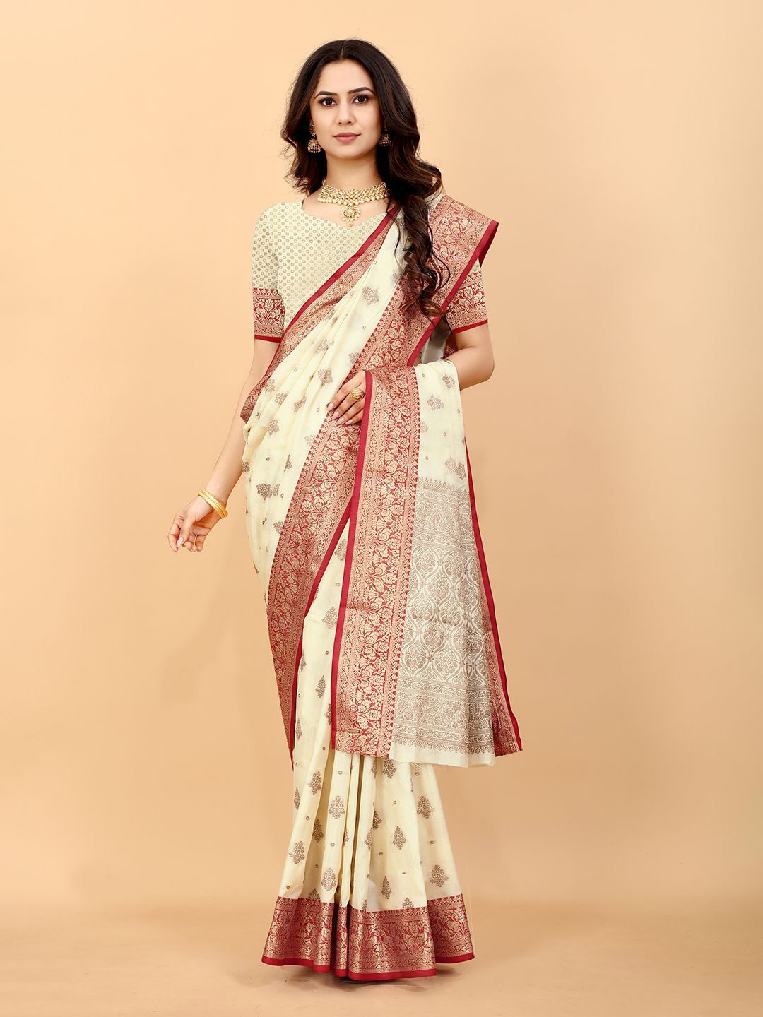 

NIWAA Woven Design Pure Cotton Banarasi Saree, Cream