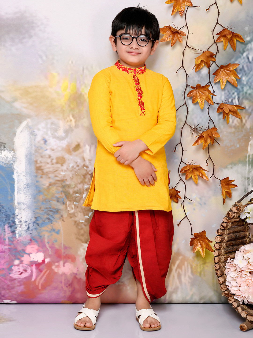 

MUDKID Boys Ethnic Motifs Embroidered Regular Pure Cotton Kurta with Dhoti Pants, Yellow