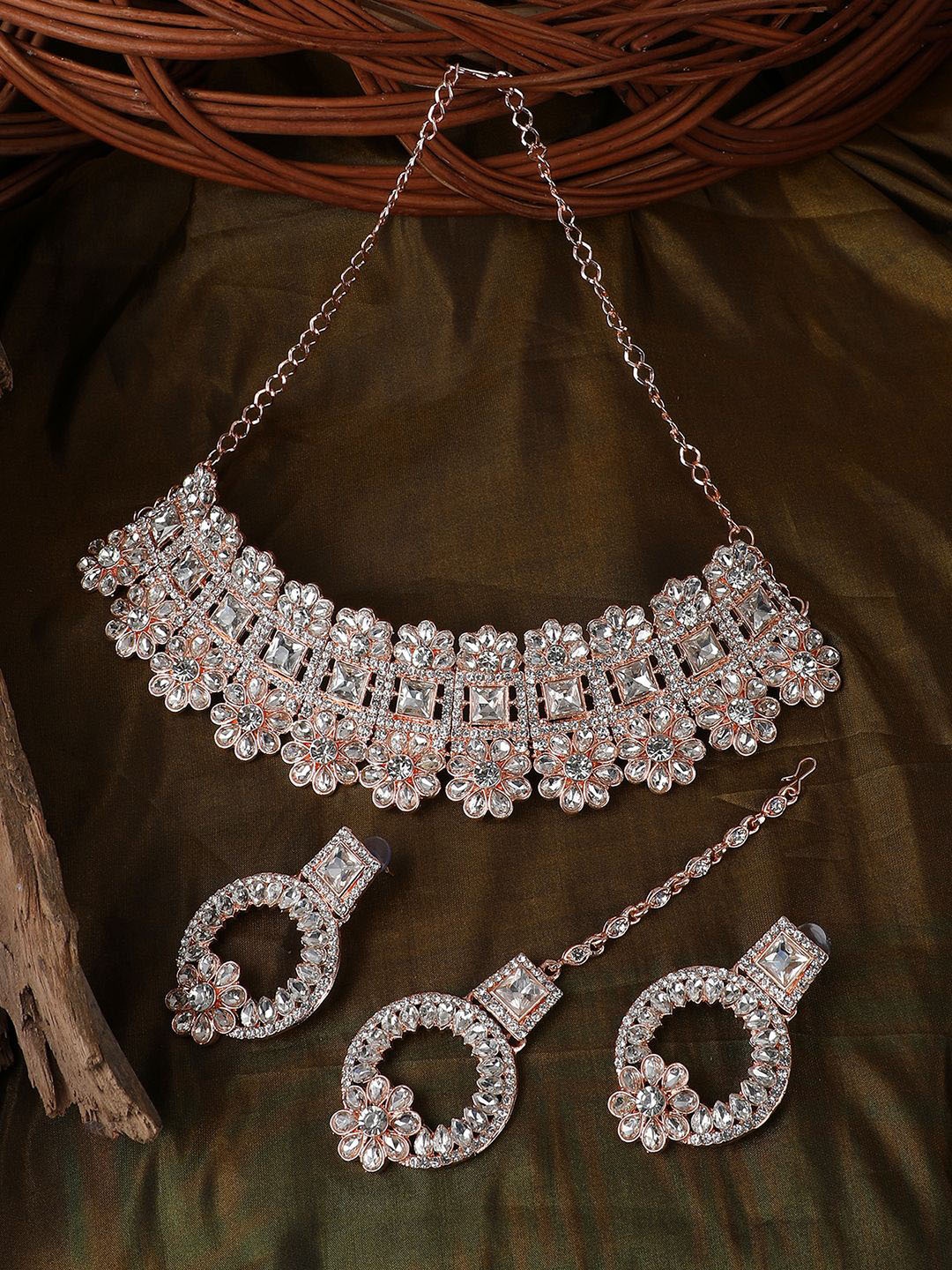 

ANIKAS CREATION Rose Gold-Plated AD-Studded Necklace & Earrings With Maang Tika