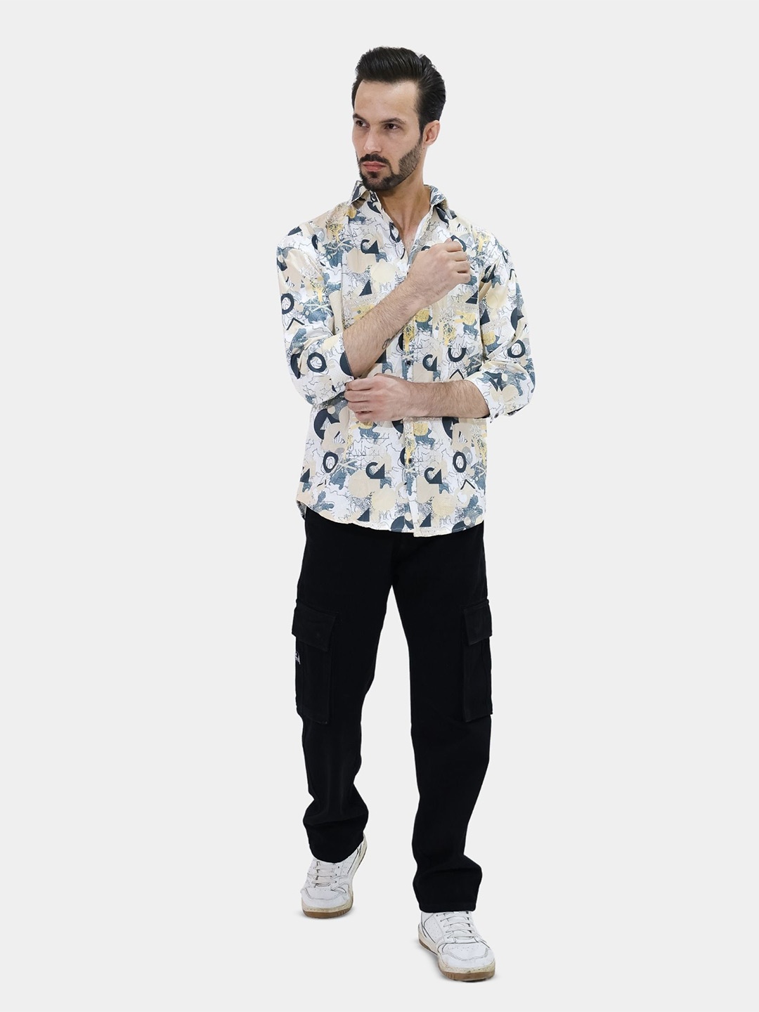 

BOTABOCHI Men Classic Spread Collar Abstract Printed Cotton Oversized Party Shirt, Grey