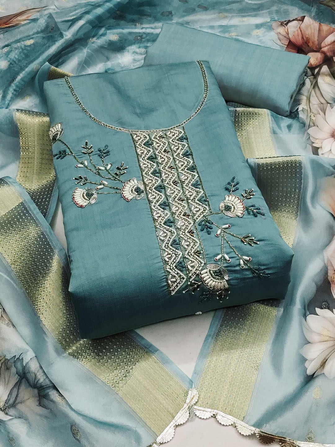 

Peachmode Floral Embroidered Beads and Stones Cotton Silk Unstitched Dress Material, Blue