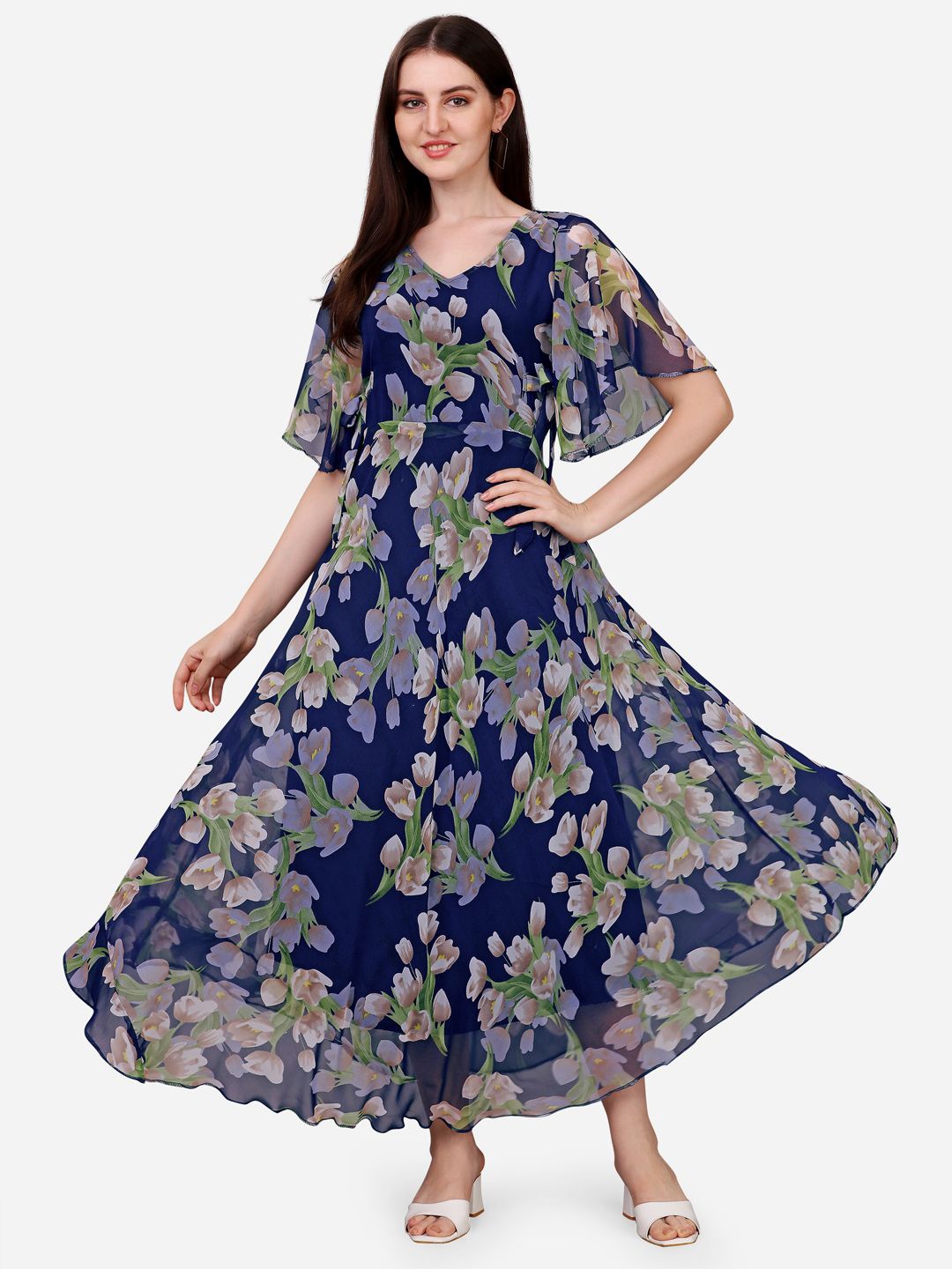 

Fashion2wear Women's Floral Print Flared Sleeve Fit & Flare Maxi Dress, Blue