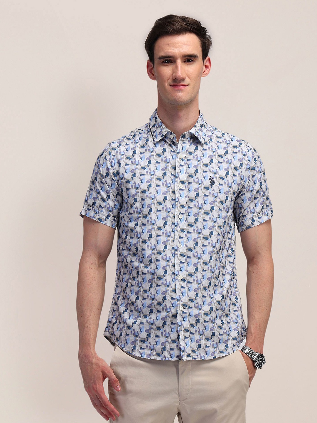 

U.S. Polo Assn. Men Classic Spread Collar Abstract Printed Cotton Casual Shirt, Blue
