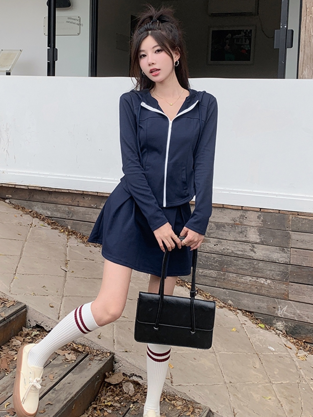 

KPOP Hooded Top & Skirt Set, Navy blue