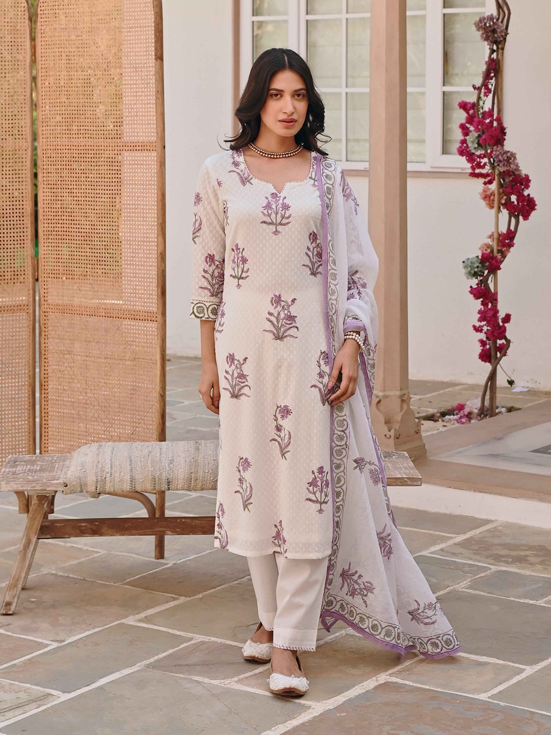 

KARAJ JAIPUR Floral Printed Pure Cotton Straight Kurta with Trousers & With Dupatta, White
