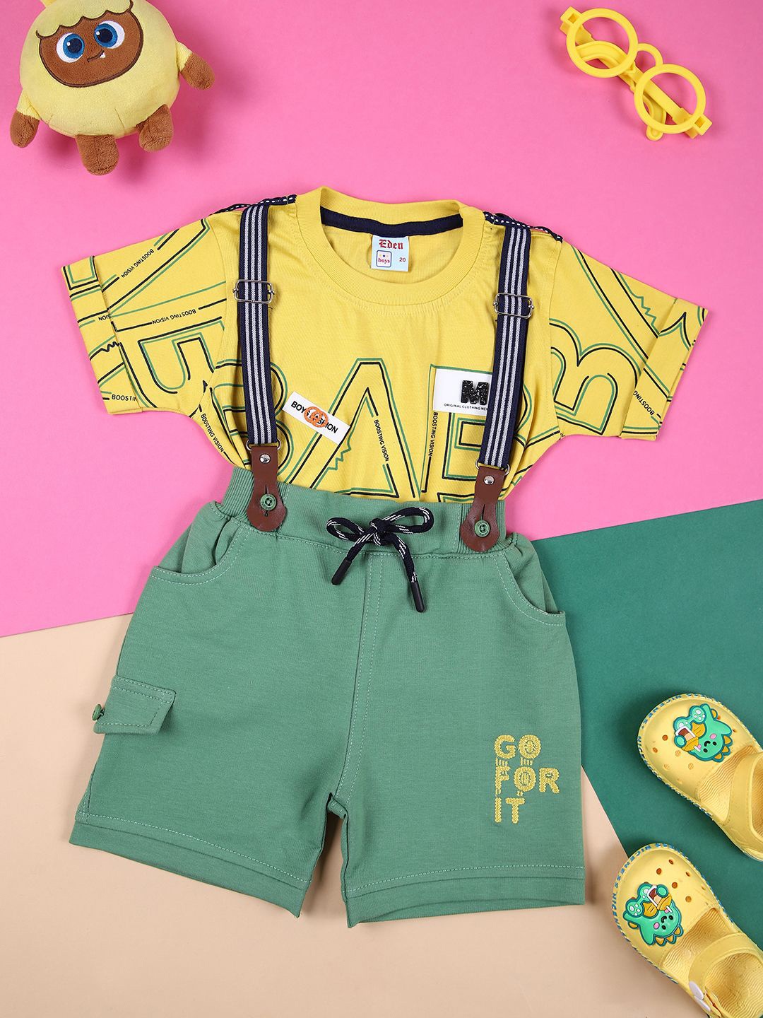 

V-Mart Boys Printed T-shirt with Shorts, Yellow
