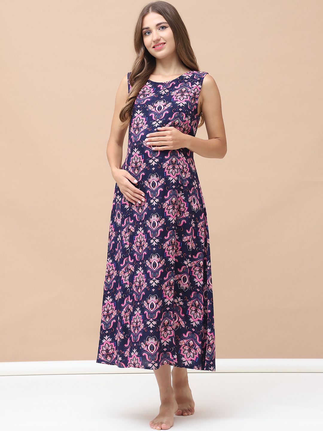 

Secret Wish Women Printed Maternity Nightdress, Navy blue