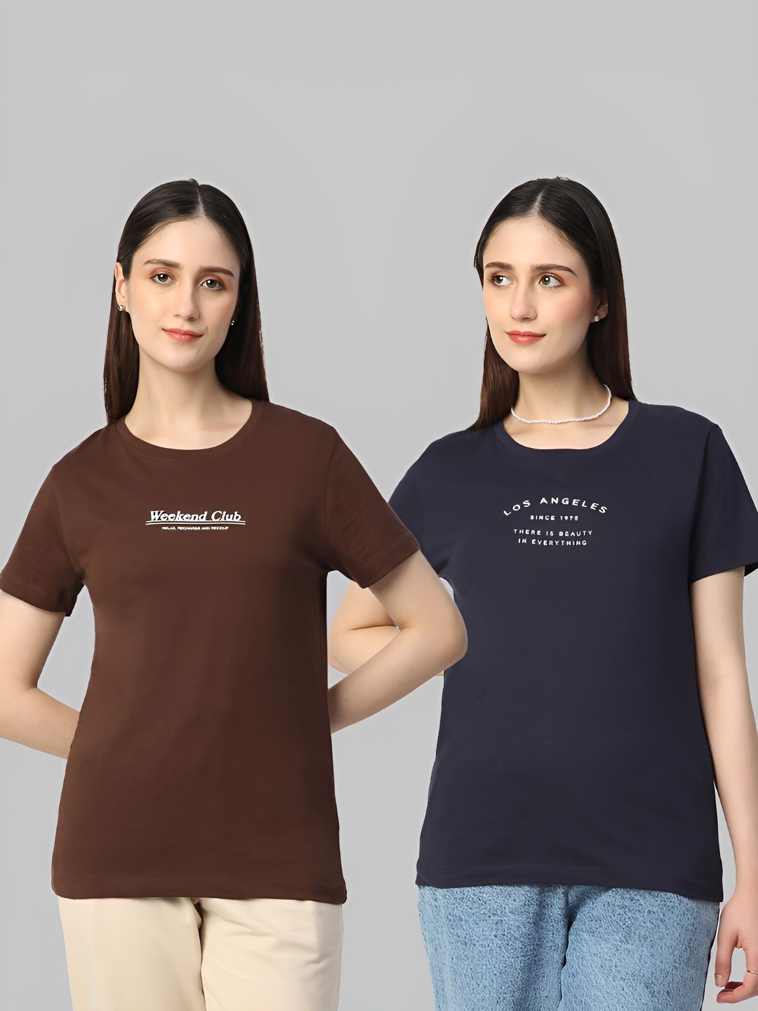 

R&B Women Pack Of 2 Typography Printed Round Neck Cotton T-shirts, Brown