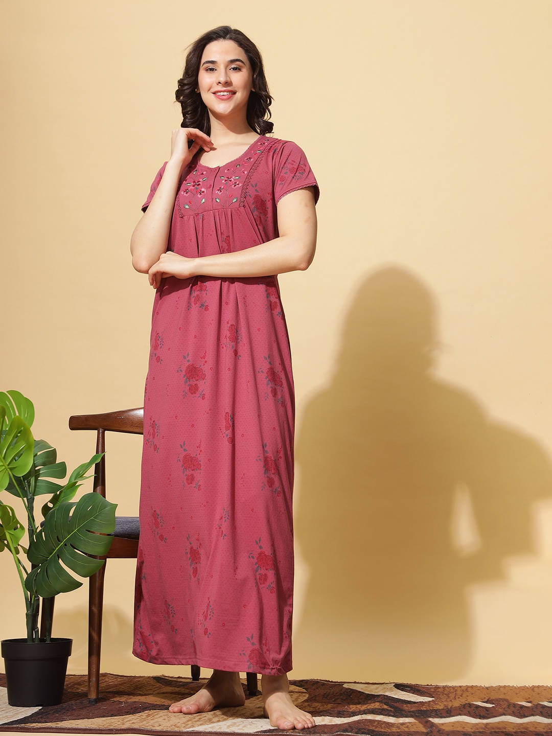 

9shines Label Floral Embroidered & Printed Maxi Nightdress, Red