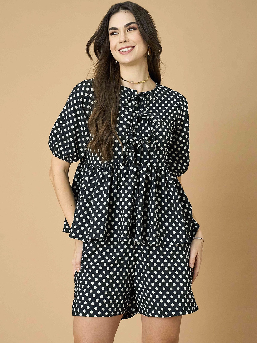 

Murcia Polka Dots Printed Tie Up Neck Top With Short, Black