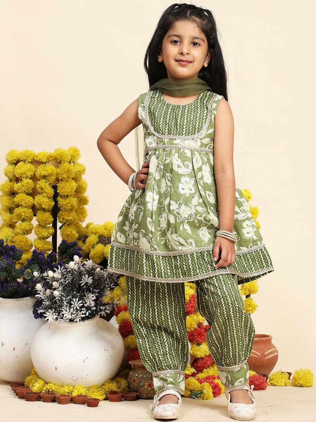 

Cutiekins Girls Floral Printed Empire Gotta Patti A-Line Kurta With Salwar & Dupatta, Olive