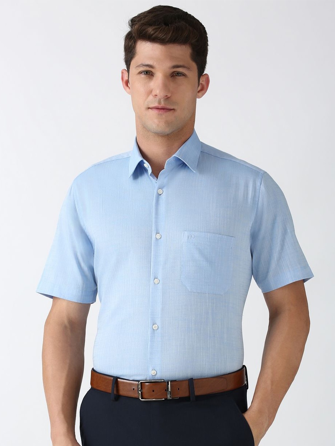 

Peter England Men Spread Collar Solid Cotton Formal Shirt, Blue