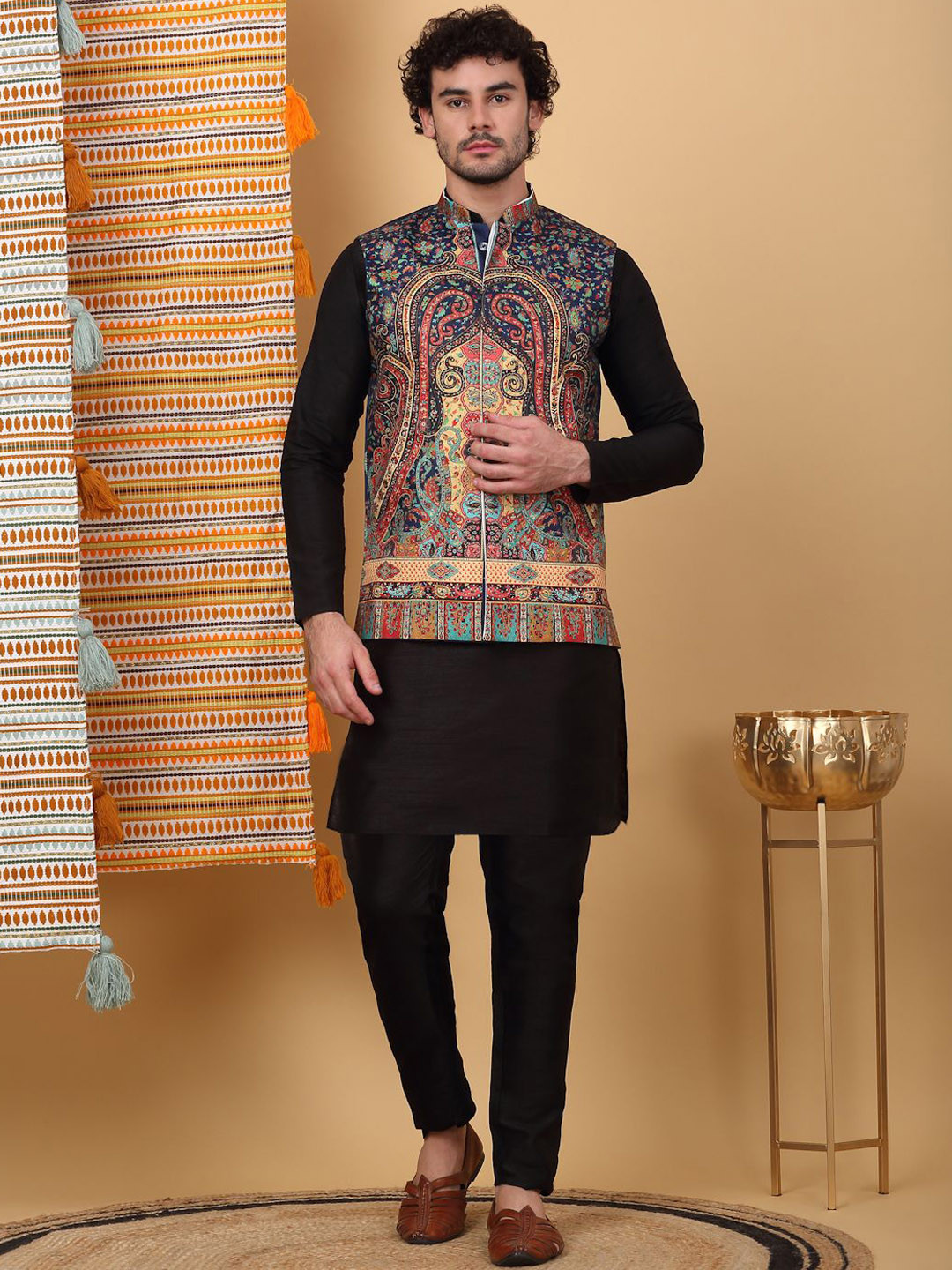 

KRAFT INDIA LUXE Mandarin Collar Straight Kurta with Churidar & Printed Nehru Jacket, Black