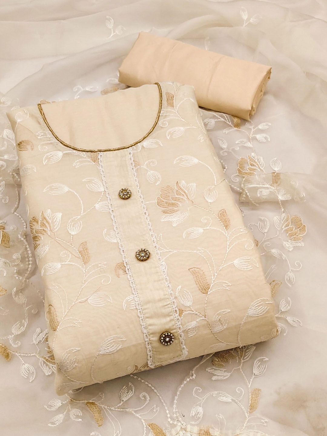 

KIMISHA Floral Embroidered Unstitched Dress Material, Cream