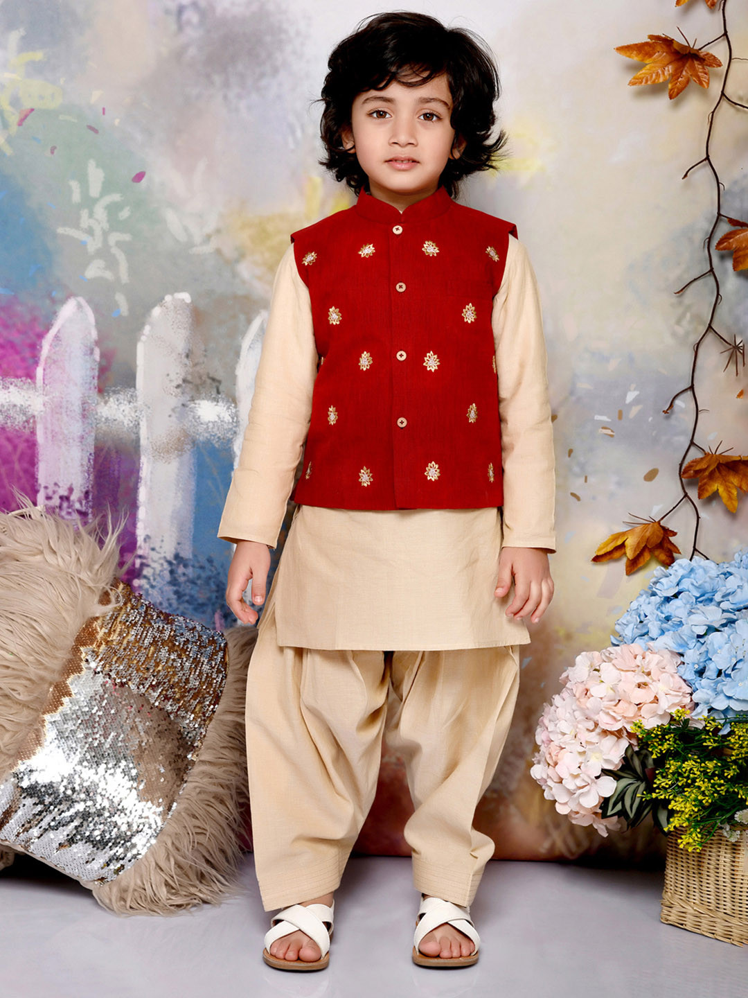 

MUDKID Boys Regular Pure Cotton Kurta with Dhoti Pants, Maroon