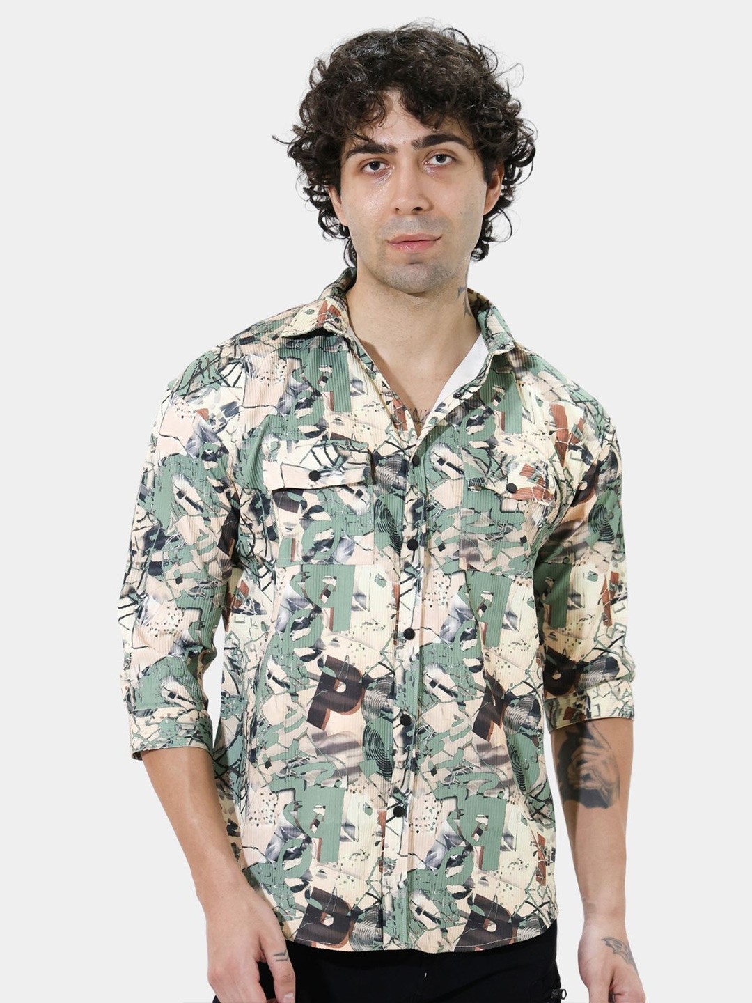 

BOTABOCHI Men Classic Spread Collar Abstract Printed Cotton Party Shirt, Green