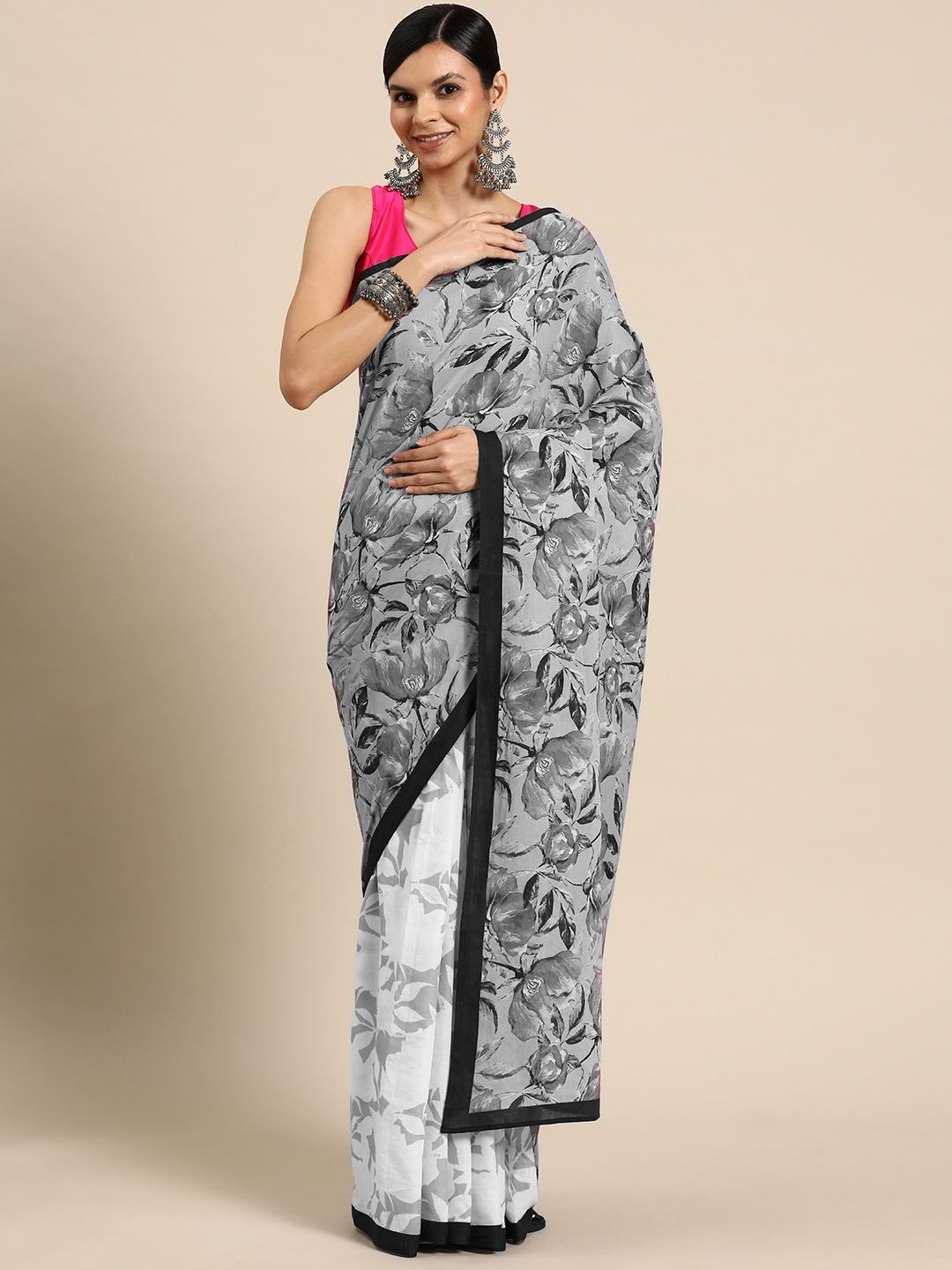 

BUTA BUTI Floral Printed Pure Cotton Saree, Grey