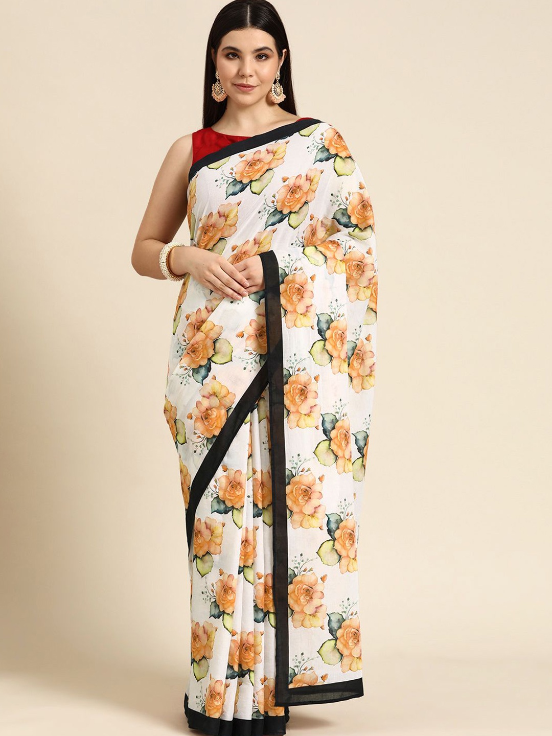 

BUTA BUTI Floral Pure Cotton Saree, Orange