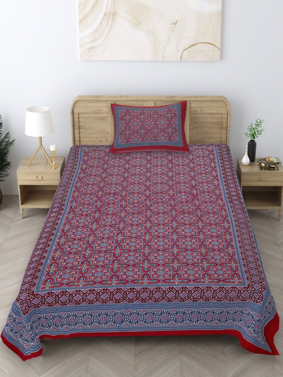

Texstylers Maroon & Blue Floral 140 TC Cotton Single Bedsheet With 1 Pillow Covers