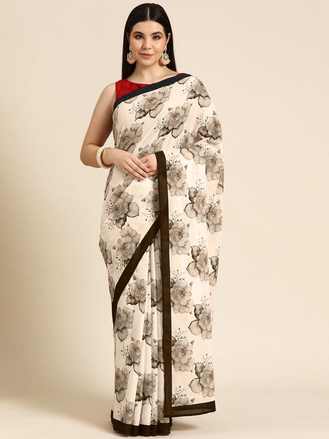 

BUTA BUTI Floral Pure Cotton Saree, Coffee brown