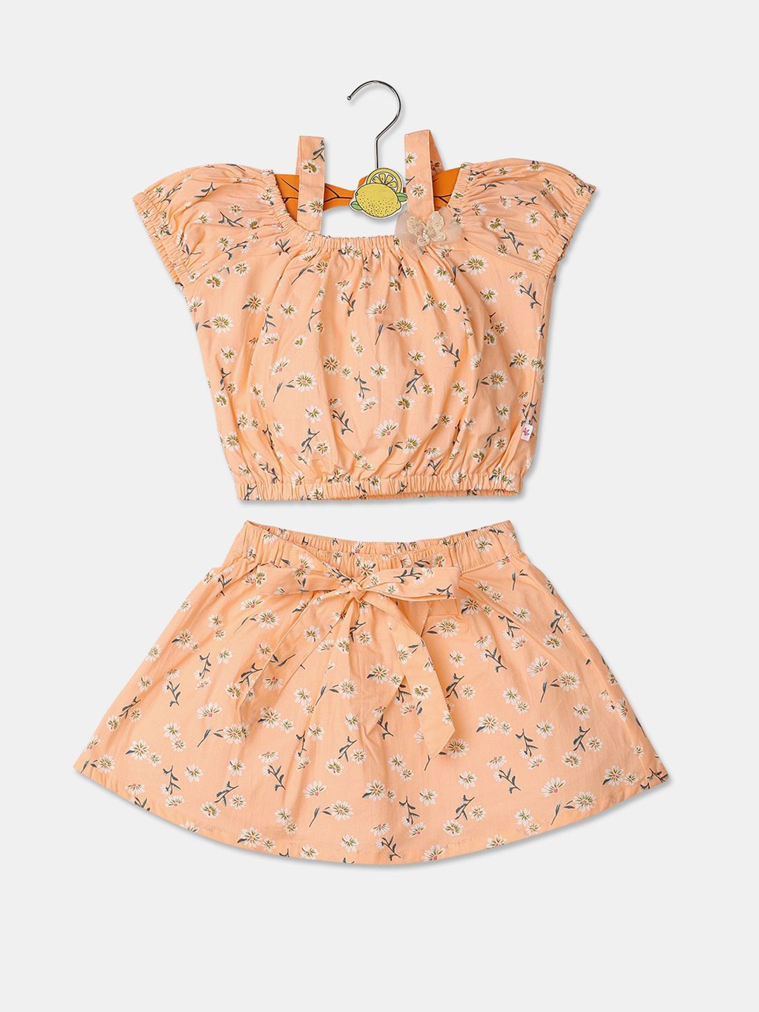 

V-Mart Girls Floral Printed Pure Cotton Top With Skirt, Peach