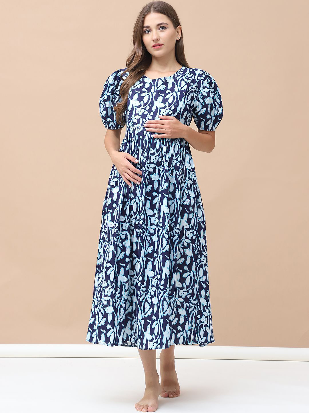 

Secret Wish Pure Cotton Calf Length Printed Maternity Nightdress, Navy blue