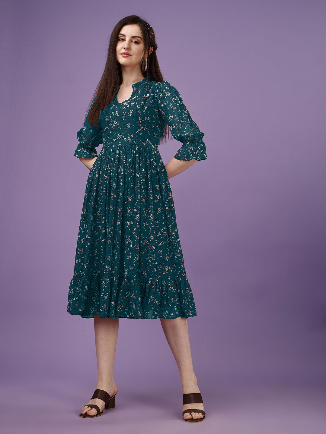 

Fashion2wear Women Floral Printed A-Line Midi Dress, Turquoise blue