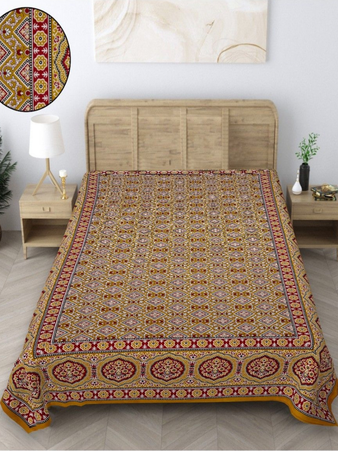 

INDHOME LIFE Yellow & Red Ethnic Motifs Printed 210 TC Pure Cotton Single Bedsheet Set