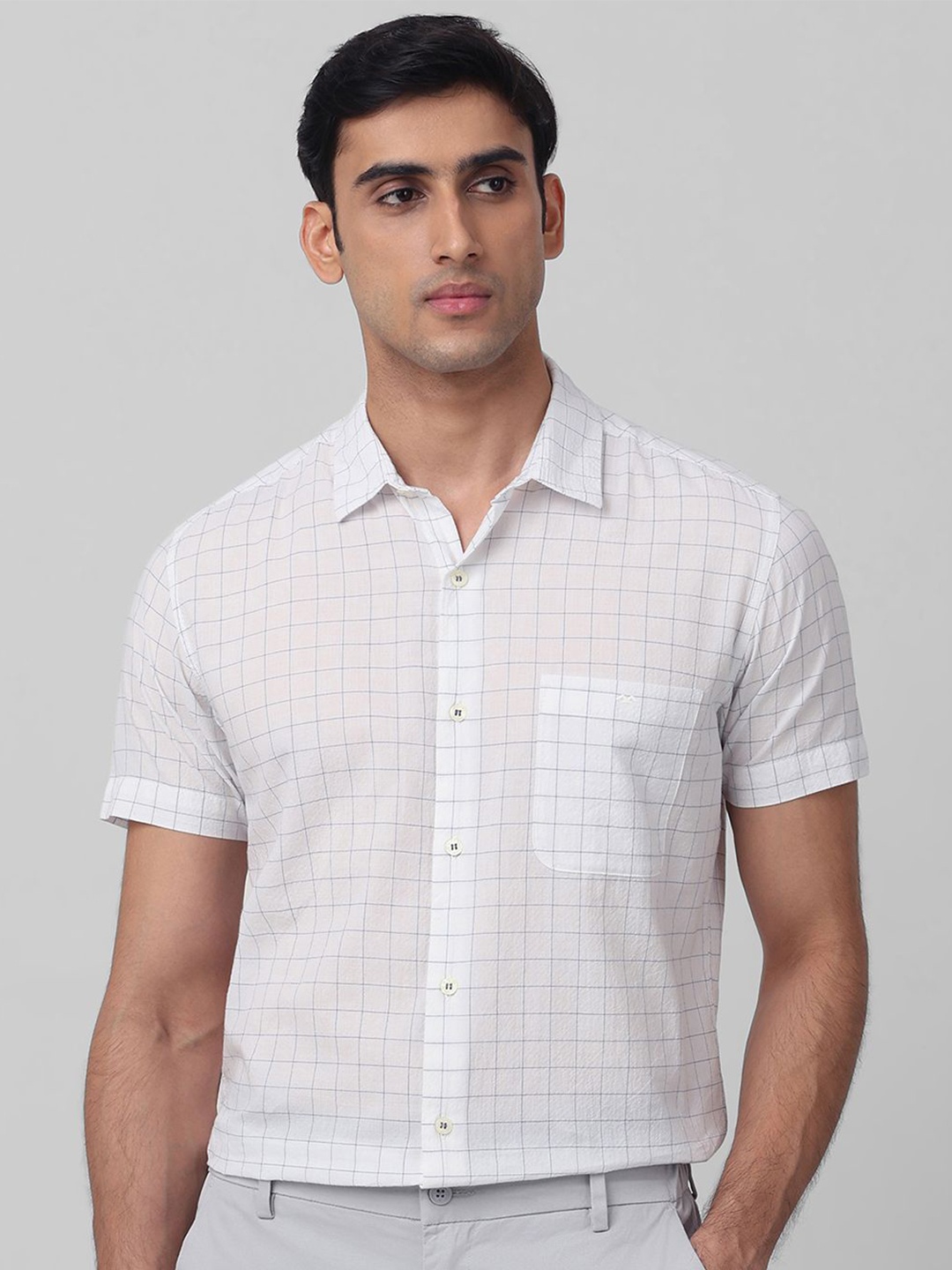 

Mufti Men Spread Collar Grid Tattersall Checked Cotton Slim Fit Casual Shirt, White