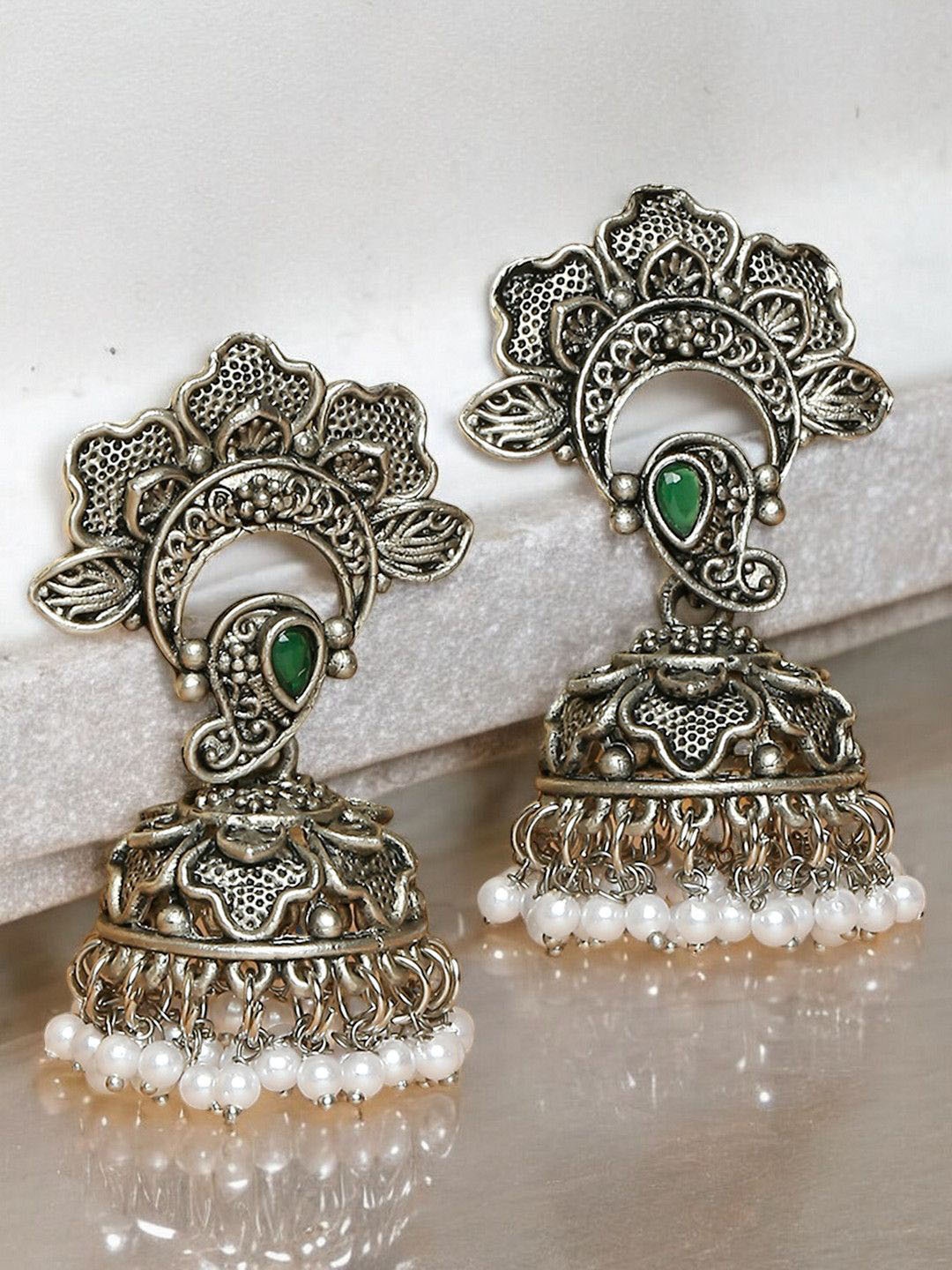 

OOMPH Floral Artificial Stones And Beads Studded Oxidised Jhumkas, Green