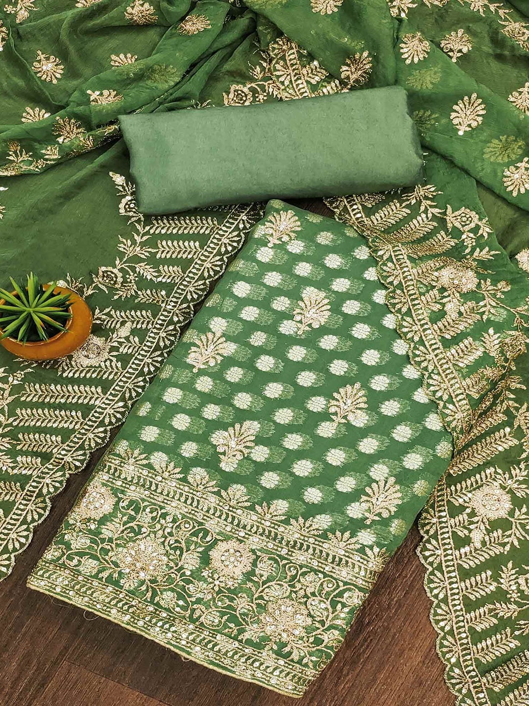 

Peachmode Embroidered Silk Georgette Unstitched Dress Material, Green