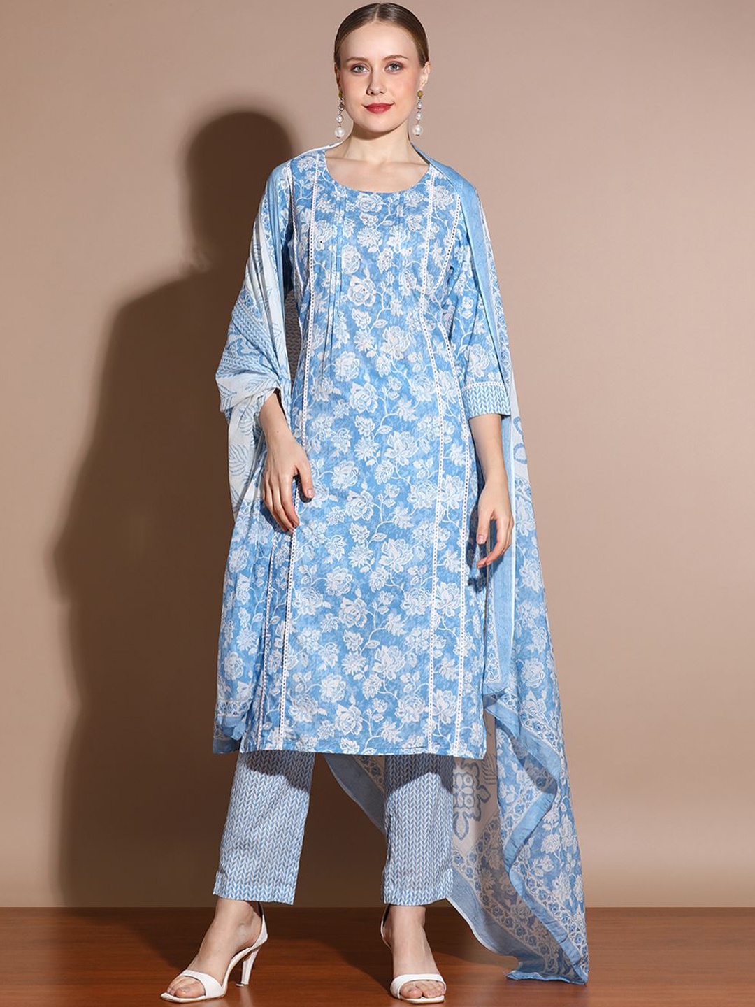 

Anouk Floral Printed Regular Thread Work Straight Kurta with Trousers & Dupatta, Blue