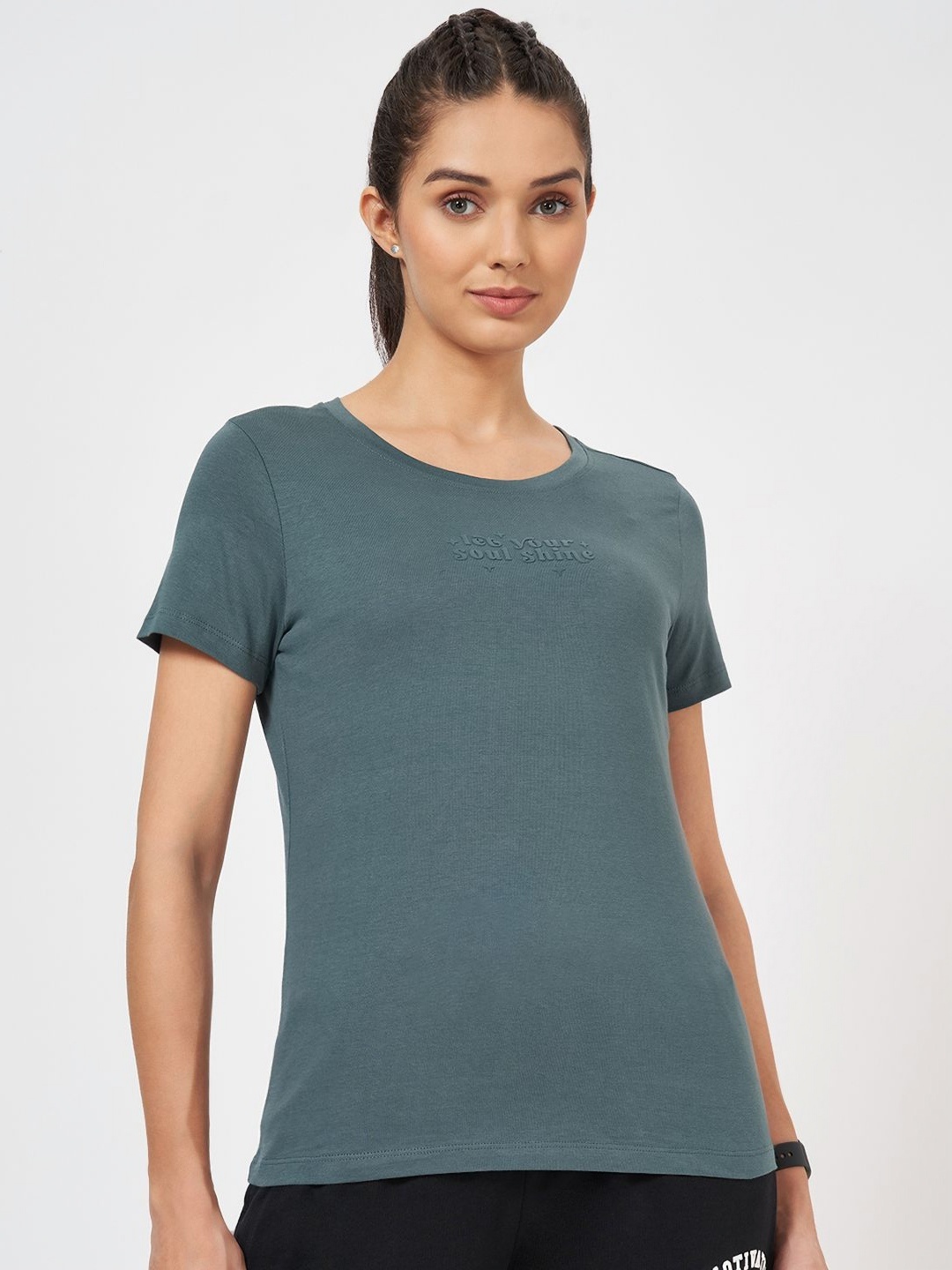 

Ajile by Pantaloons Women Solid Round Neck Cotton T-shirt, Steel
